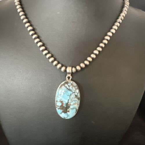 Navajo Blue Spiderweb Turquoise Pendant Necklace | Sterling Silver | Authentic Native American Handmade | 17022