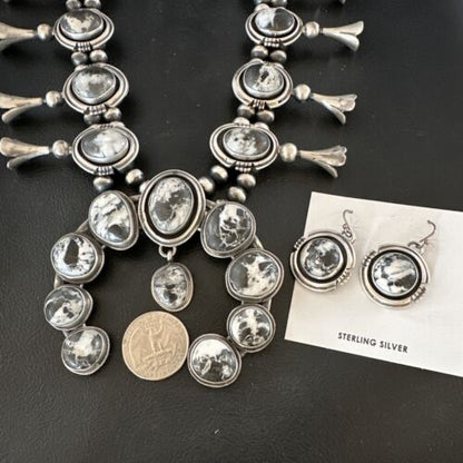 Navajo White Buffalo Turquoise Squash Blossom Necklace & Earrings | Sterling Silver | 16547