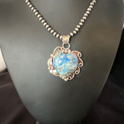 Men's Blue Heart Denim Lapis Pendant | Navajo Pearls Sterling Silver Necklace 21" | 15523