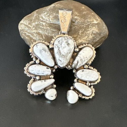 Navajo White Buffalo Turquoise Necklace Naja Pendant | Sterling Silver | Authentic Native American Handmade | 17040