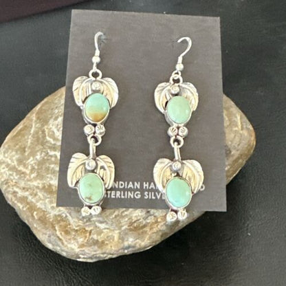 Navajo Blue Green Turquoise Dangle Earrings | Sterling Silver | 1.5" | Authentic Native American Handmade | 17385