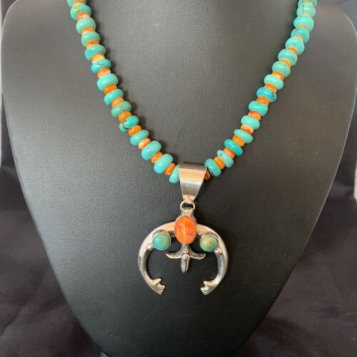 Navajo Pearls Necklace with Blue Turquoise & Spiny Oyster Naja Pendant | Sterling Silver | 10261