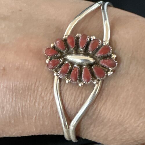 Navajo Red Coral Cluster Cuff Bracelet | Sterling Silver | Authentic Native American Handmade | 15245