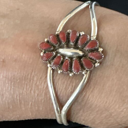 Navajo Red Coral Cluster Cuff Bracelet | Sterling Silver | Authentic Native American Handmade | 15245