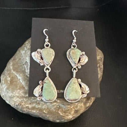 Navajo Green Royston Turquoise Dangle Earrings | Sterling Silver | Authentic Native American Handmade | 16838