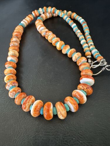 Navajo Orange Spiny Blue Turquoise Necklace | Sterling Silver | 23" | Authentic Native American Handmade | 17544