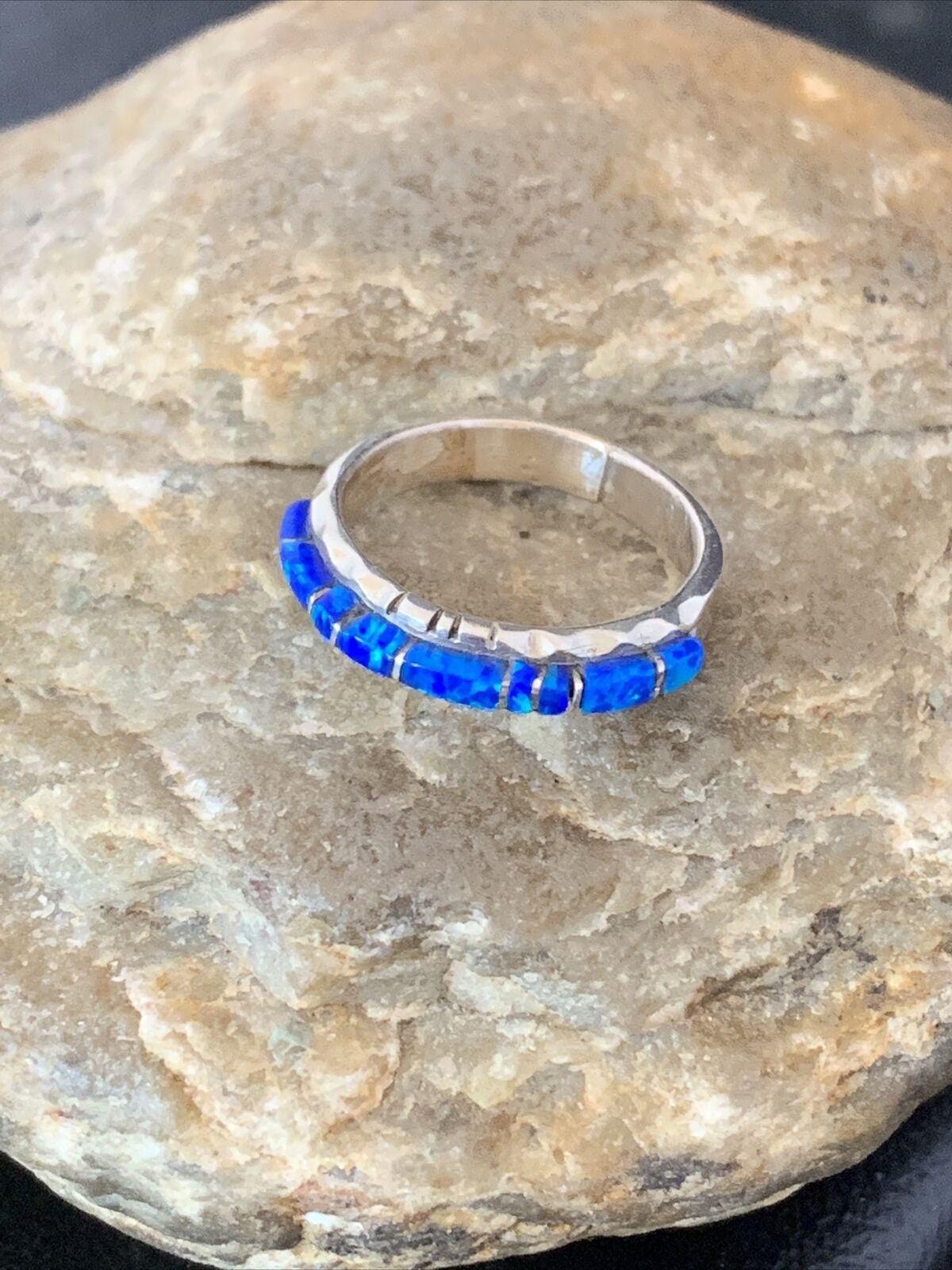 Native American Navajo Blue Opal Inlay Ring | Sterling Silver | Sz 7.5 | Handmade by Yazzie | 10621