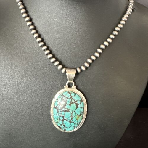 Men's Navajo Blue Spiderweb Turquoise Pendant Necklace | Sterling Silver | Authentic Native American Handmade | 16213