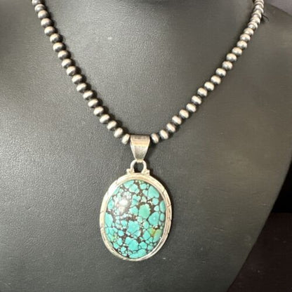 Men's Navajo Blue Spiderweb Turquoise Pendant Necklace | Sterling Silver | Authentic Native American Handmade | 16213