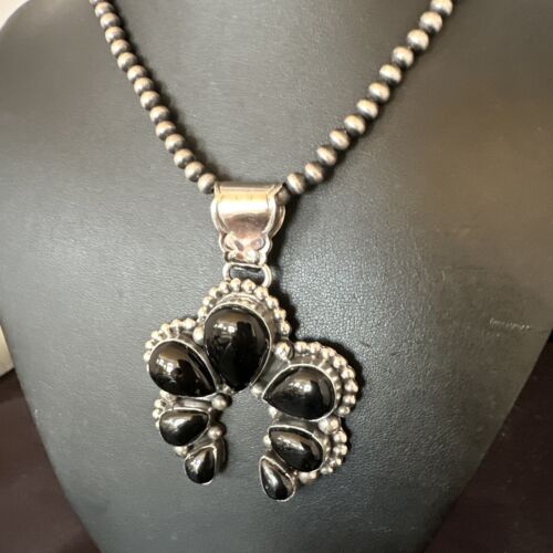 Navajo Men's Black Onyx Naja Pendant Necklace | Sterling Silver | 16103