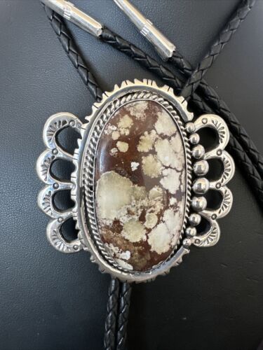 Navajo Men's Bolo Tie | Wild Horse Turquoise | Sterling Silver | Native American Handmade | 16757
