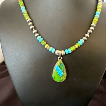 Navajo Blue Green Mojave Turquoise Pendant | Sterling Silver Pearl Necklace | Authentic Native American Handmade | 16923