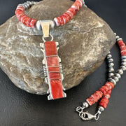 Navajo Red Spiny Oyster Pendant Necklace | Sterling Silver Inlay | Authentic Native American Handmade | 16853
