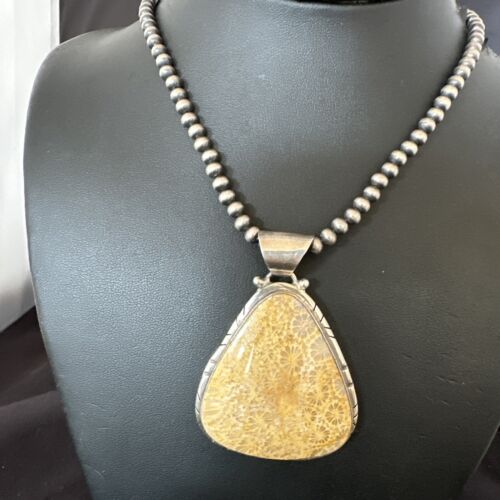 Navajo Pearls Champagne Fossil Coral Pendant Necklace | Sterling Silver Beads | Native American Handmade | 16372