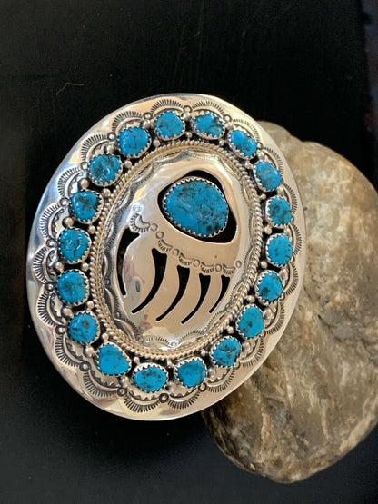 Bearpaw Navajo Blue Kingman Turquoise Concho Belt Buckle | Sterling Silver | Authentic Native American Handmade | 2082