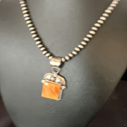 Navajo Orange Spiny Oyster Pendant Necklace | Sterling Silver | 20" | Authentic Native American Handmade | 16141