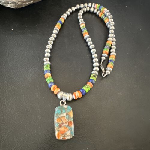 Navajo Spiny Oyster Turquoise Lapis Pendant Necklace | Sterling Silver | 21" | Authentic Native American Handmade | 16630