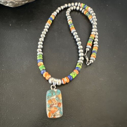 Navajo Spiny Oyster Turquoise Lapis Pendant Necklace | Sterling Silver | 21" | Authentic Native American Handmade | 16630