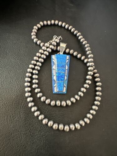 Navajo Blue Opal Inlay Pendant | Sterling Silver Necklace with Pearls | Authentic Native American Handmade | 16905
