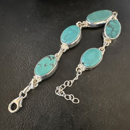 Navajo Blue Turquoise Link Bracelet | Sterling Silver | 8" | Authentic Native American Handmade | 15471