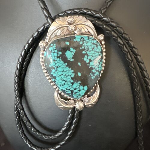 Men's Blue Spiderweb Turquoise Bolo Tie | Navajo Sterling Silver | Authentic Native American Handmade | 15012
