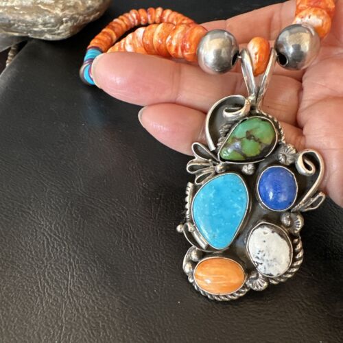 Navajo Blue Turquoise Spiny Oyster Pendant | Sterling Silver Bead Necklace | Multi-Stone | 15058