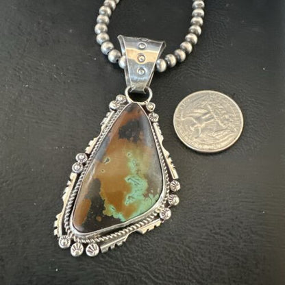 Men's Navajo Green Turquoise Pendant Necklace | Sterling Silver | Authentic Native American Handmade | 17530