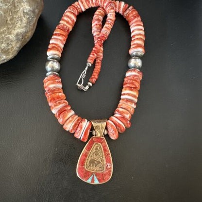 Navajo Red Spiny Oyster Pendant Necklace | Sterling Silver | Brass Inlay | Authentic Native American Handmade | 15789