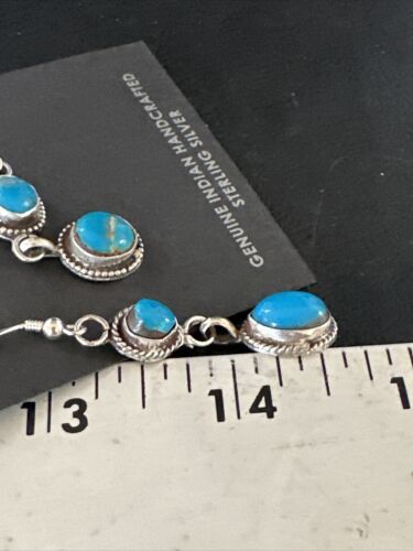Kingman Turquoise Dangle Earrings | Navajo Sterling Silver | Authentic Native American Handmade | 14870