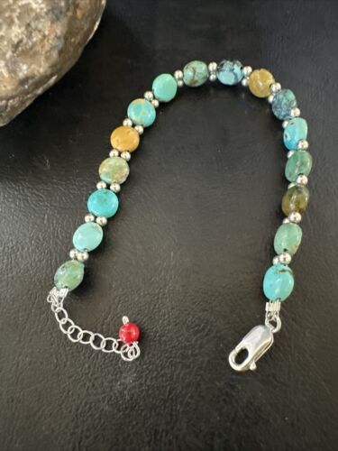 Women's Blue Turquoise Bead Bracelet | Southwestern Sterling Silver Link | 8" | 17570