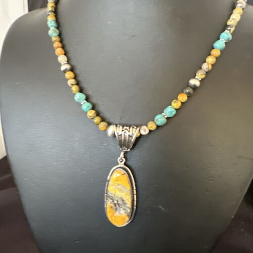 Navajo BumbleBee Jasper Pendant Necklace | Sterling Silver Pearls | Authentic Native American Handmade | 16879