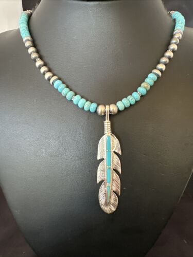 Men's Turquoise Inlay Feather Pendant Necklace | Sterling Silver | Authentic Native American Handmade | 17249