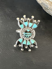 Zuni Blue Turquoise Black Onyx Sunface Inlay Ring | Sterling Silver | Sz 8 | 16432