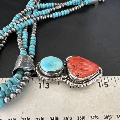 Navajo Pearls Blue Turquoise Spiny Pendant Necklace | Sterling Silver | 3-Strand | 16827