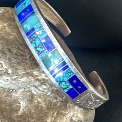 Navajo Blue Lapis Cuff Bracelet | Sterling Silver Inlay | Authentic Native American Handmade | 16123