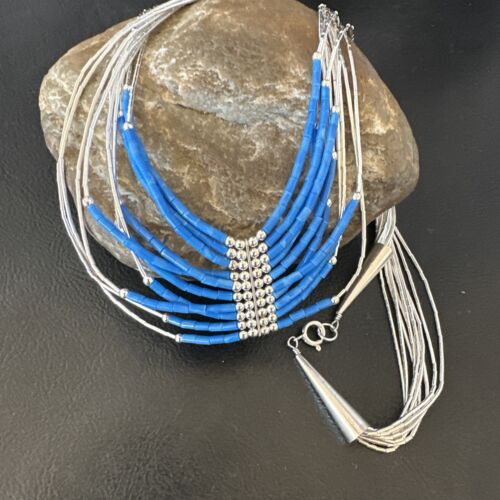 Navajo Denim Lapis Heishi Necklace | 10 Strand Sterling Liquid Silver Tube | 22" | 16319