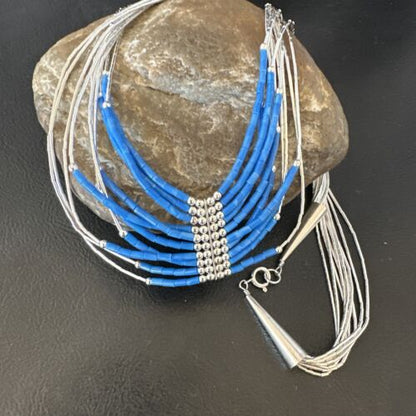 Navajo Denim Lapis Heishi Necklace | 10 Strand Sterling Liquid Silver Tube | 22" | 16319
