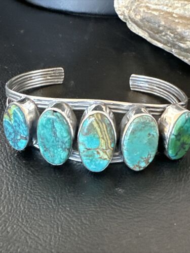 Women's Blue Turquoise 5-Stone Cuff Bracelet | Navajo Sterling Silver | Authentic Native American Jewelry | 16166