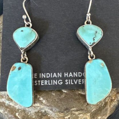 Navajo Blue Kingman Turquoise Dangle Earrings | Sterling Silver | Authentic Native American Handmade | 15118