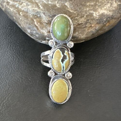 Navajo Green Royston Turquoise Multi-Stone Ring | Authentic Native American Sterling Silver | Sz 10.5 | 16722