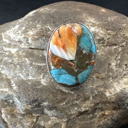 Navajo Turquoise Spiny Oyster Ring | Sterling Silver | Sz 8 | Authentic Native American Handmade | 16622