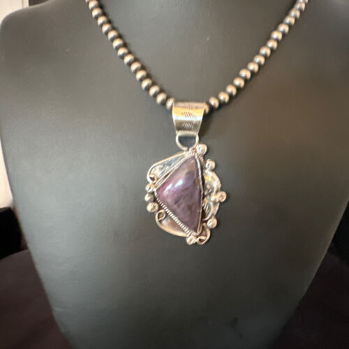 Navajo Purple Sugilite Pendant with Pearls | Sterling Silver Bead Necklace | Authentic Native American Handmade | 15412