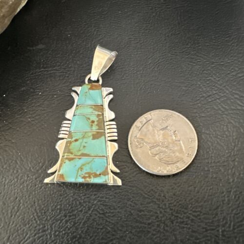 Navajo Blue #8 Turquoise Inlay Pendant | Sterling Silver | 2" | Authentic Native American Handmade | 15682