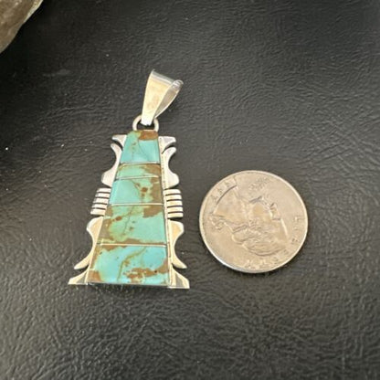 Navajo Blue #8 Turquoise Inlay Pendant | Sterling Silver | 2" | Authentic Native American Handmade | 15682
