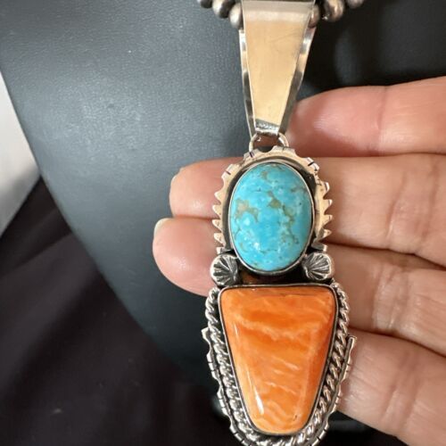 Navajo Blue Kingman Turquoise Spiny Pendant Necklace | Sterling Silver | Multi-Stone | 16825
