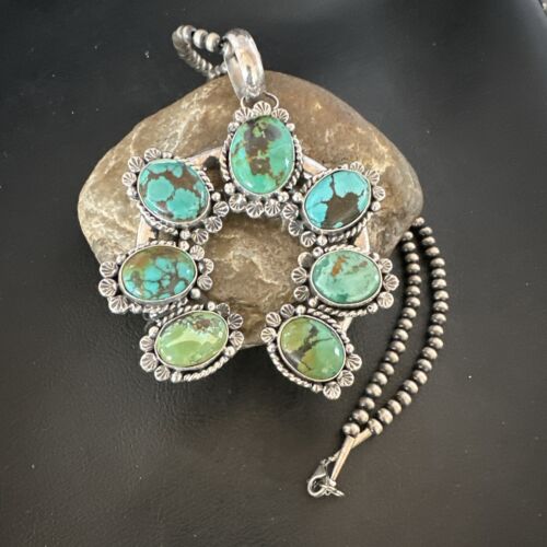 Men's Blue Spiderweb Turquoise Naja Pendant Necklace | Navajo Sterling Silver | 16950