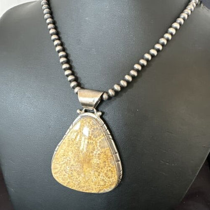Navajo Pearls Champagne Fossil Coral Pendant Necklace | Sterling Silver Beads | Native American Handmade | 16372