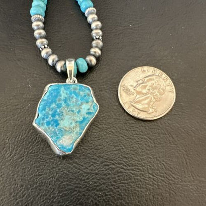 Men's Kingman Turquoise Pendant | Navajo Pearls Sterling Silver Necklace | Authentic Native American Handmade | 17212