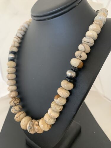 Native American Women's Graduated Picture Jasper & Onyx Necklace | Sterling Silver 26" | 1767