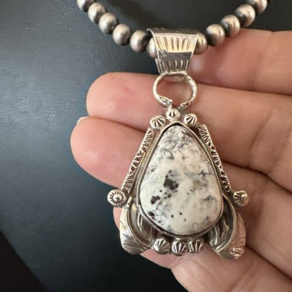 Men's White Buffalo Turquoise Pendant Necklace | Navajo Pearls | Sterling Silver | Native American Handmade | 17330